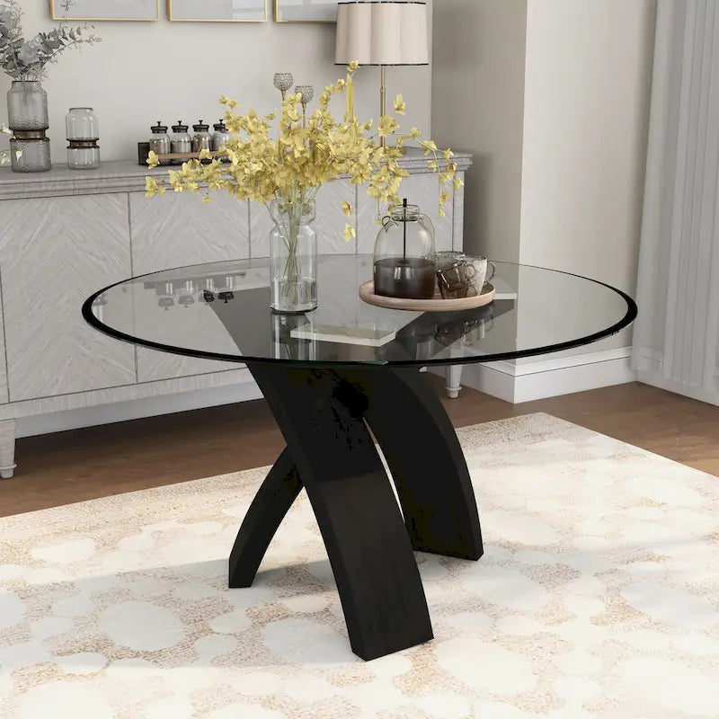 Table de salle à manger contemporaine ronde avec plateau en verre de 52 pouces