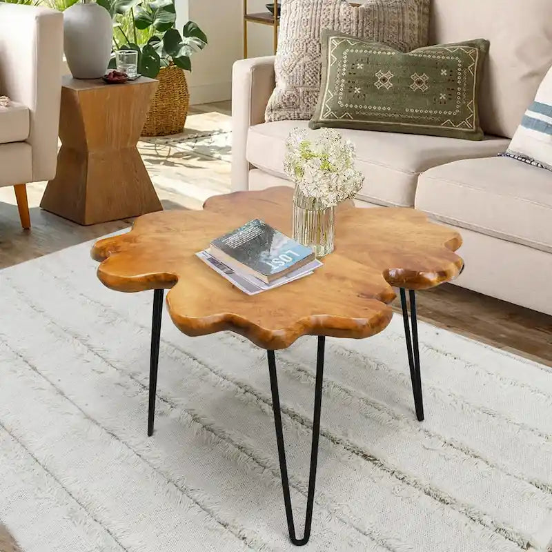 Mesa de centro de madera con borde natural, tablero de 4 paneles y patas de horquilla