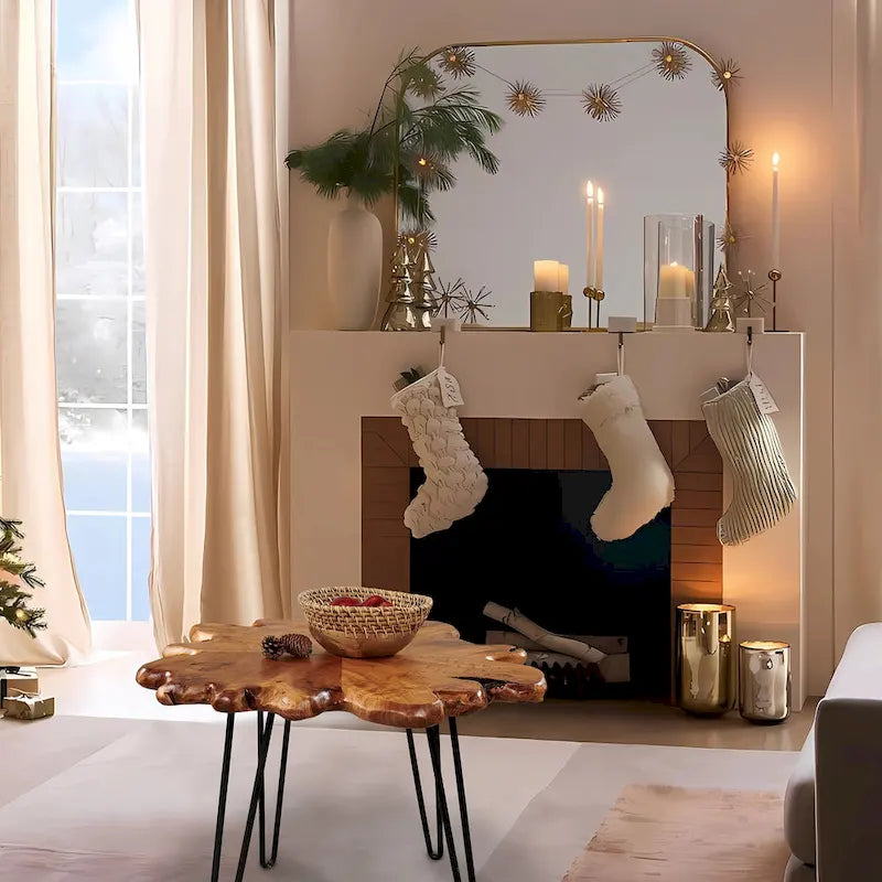 Table basse en bois à bords naturels, plateau composé de 4 panneaux et pieds en épingle à cheveux