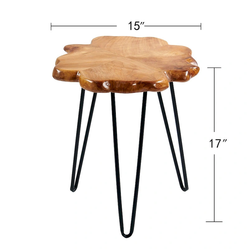 Table basse en bois à bords naturels, plateau composé de 4 panneaux et pieds en épingle à cheveux