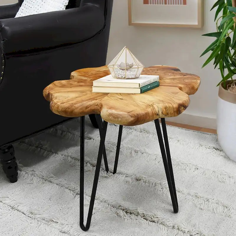 Table basse en bois à bords naturels, plateau composé de 4 panneaux et pieds en épingle à cheveux