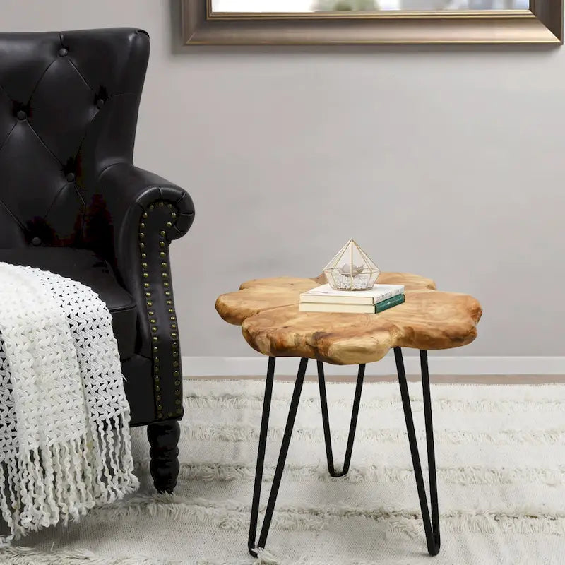 Table basse en bois à bords naturels, plateau composé de 4 panneaux et pieds en épingle à cheveux