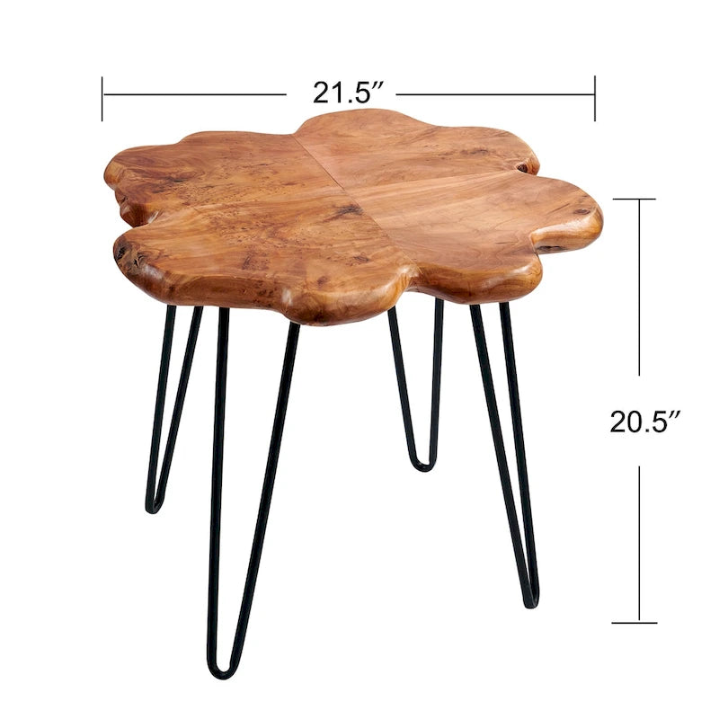 Table basse en bois à bords naturels, plateau composé de 4 panneaux et pieds en épingle à cheveux