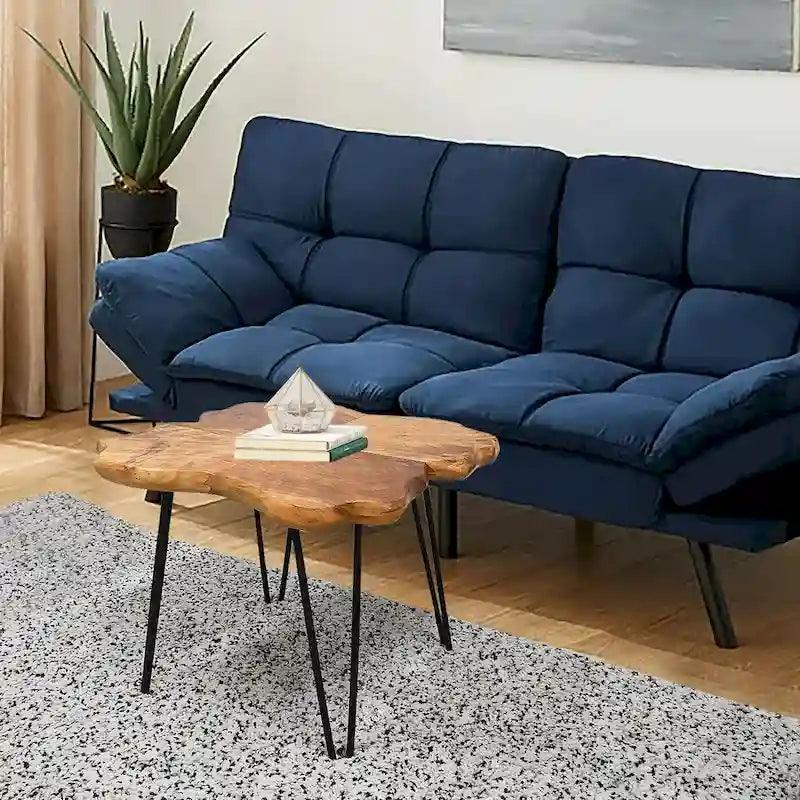 Table basse en bois à bords naturels, plateau composé de 4 panneaux et pieds en épingle à cheveux