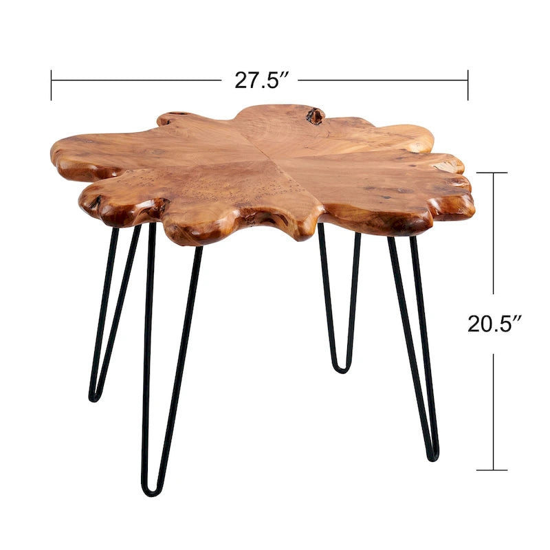 Table basse en bois à bords naturels, plateau composé de 4 panneaux et pieds en épingle à cheveux