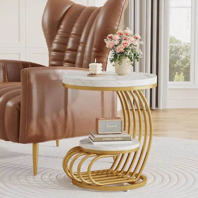 Table d’appoint à 2 niveaux en faux marbre avec étagère de rangement