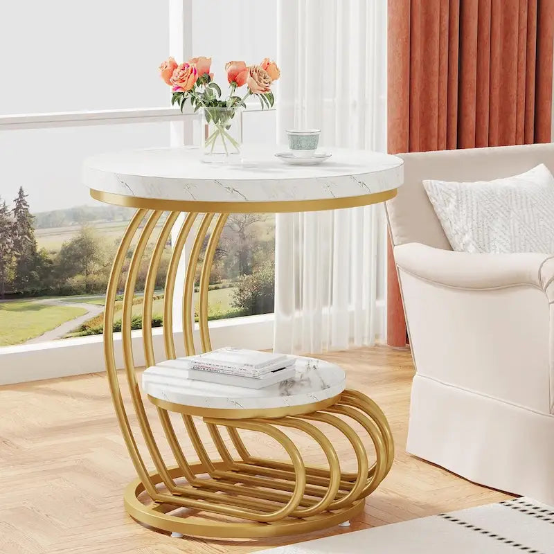 Table d’appoint à 2 niveaux en faux marbre avec étagère de rangement