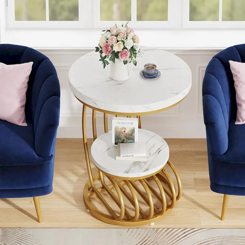 Table d’appoint à 2 niveaux en faux marbre avec étagère de rangement