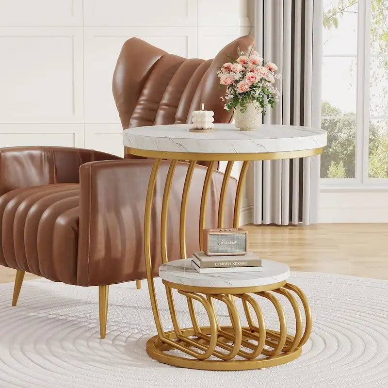 Table d’appoint à 2 niveaux en faux marbre avec étagère de rangement
