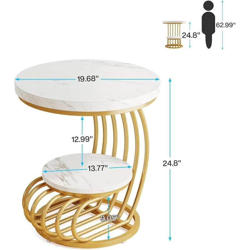 Table d’appoint à 2 niveaux en faux marbre avec étagère de rangement