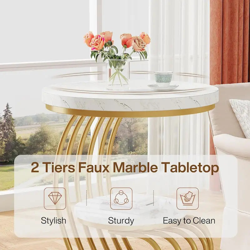 Table d’appoint à 2 niveaux en faux marbre avec étagère de rangement