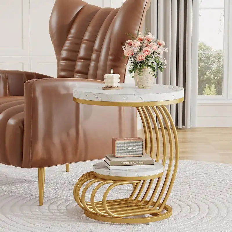 Table d’appoint à 2 niveaux en faux marbre avec étagère de rangement