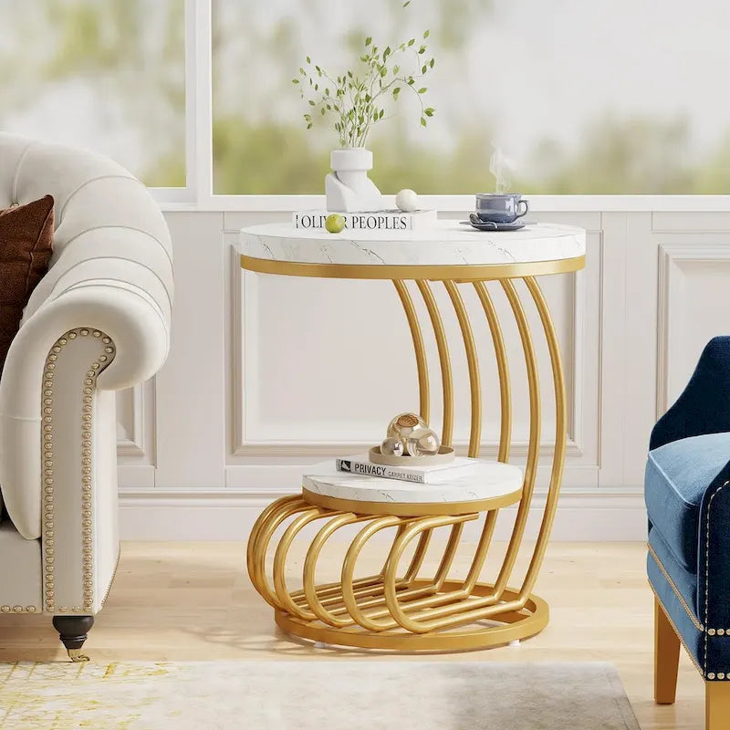 Table d’appoint à 2 niveaux en faux marbre avec étagère de rangement