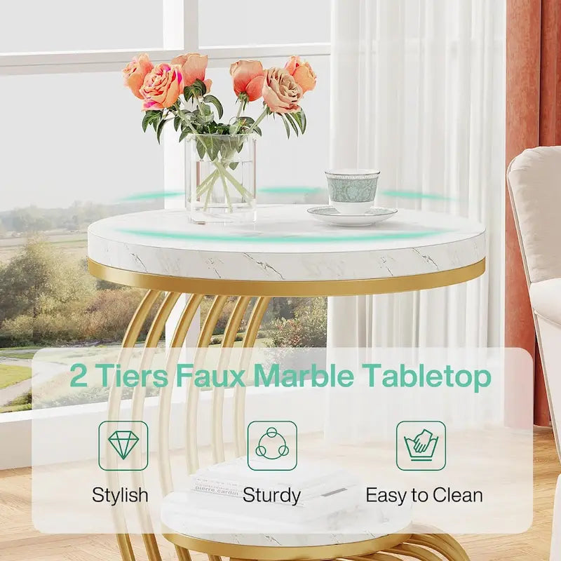 Table d’appoint à 2 niveaux en faux marbre avec étagère de rangement