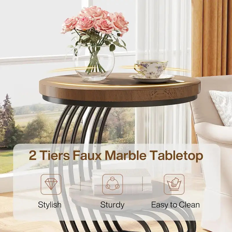 Table d’appoint à 2 niveaux en faux marbre avec étagère de rangement