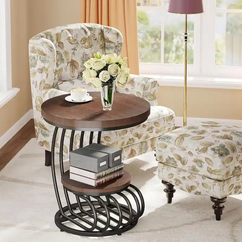 Table d’appoint à 2 niveaux en faux marbre avec étagère de rangement