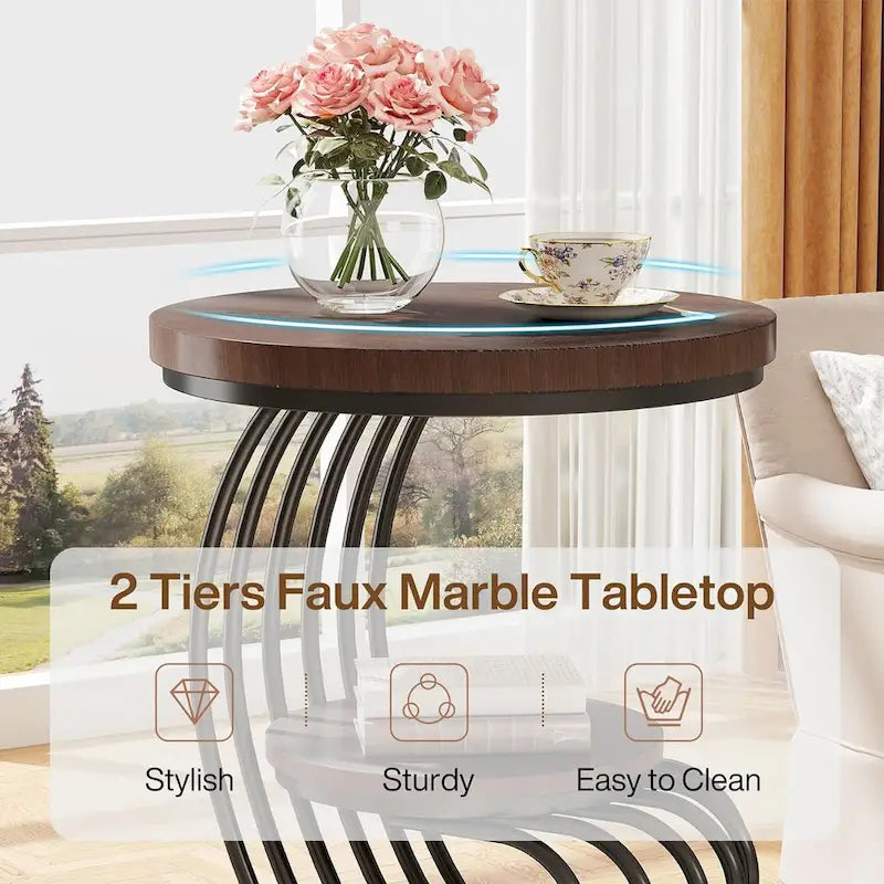 Table d’appoint à 2 niveaux en faux marbre avec étagère de rangement