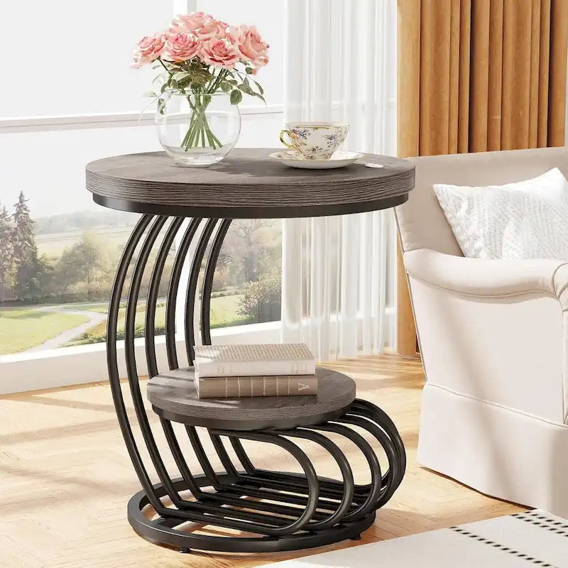 Table d’appoint à 2 niveaux en faux marbre avec étagère de rangement