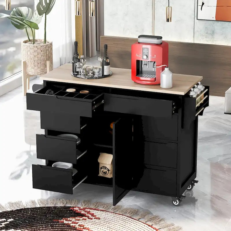 Kücheninselwagen mit Arbeitsplatte aus Gummibaumholz und feststellbaren Rollen