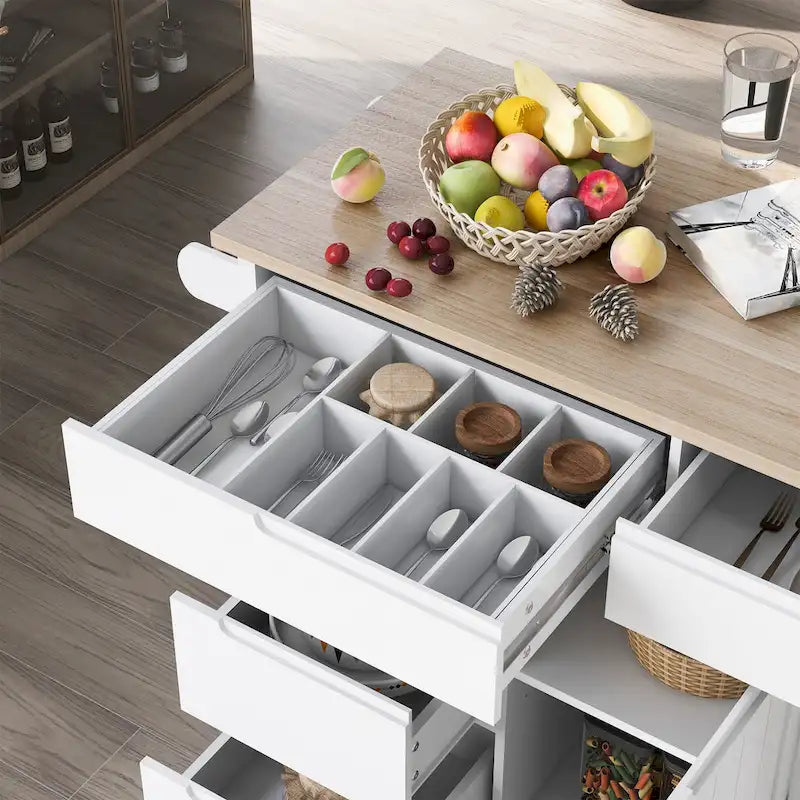 Desserte d’îlot de cuisine avec plateau en bois d’hévéa et roulettes verrouillables