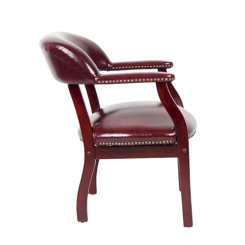 Fauteuil de conférence traditionnel en cuir, fauteuil rembourré bordeaux avec clous décoratifs