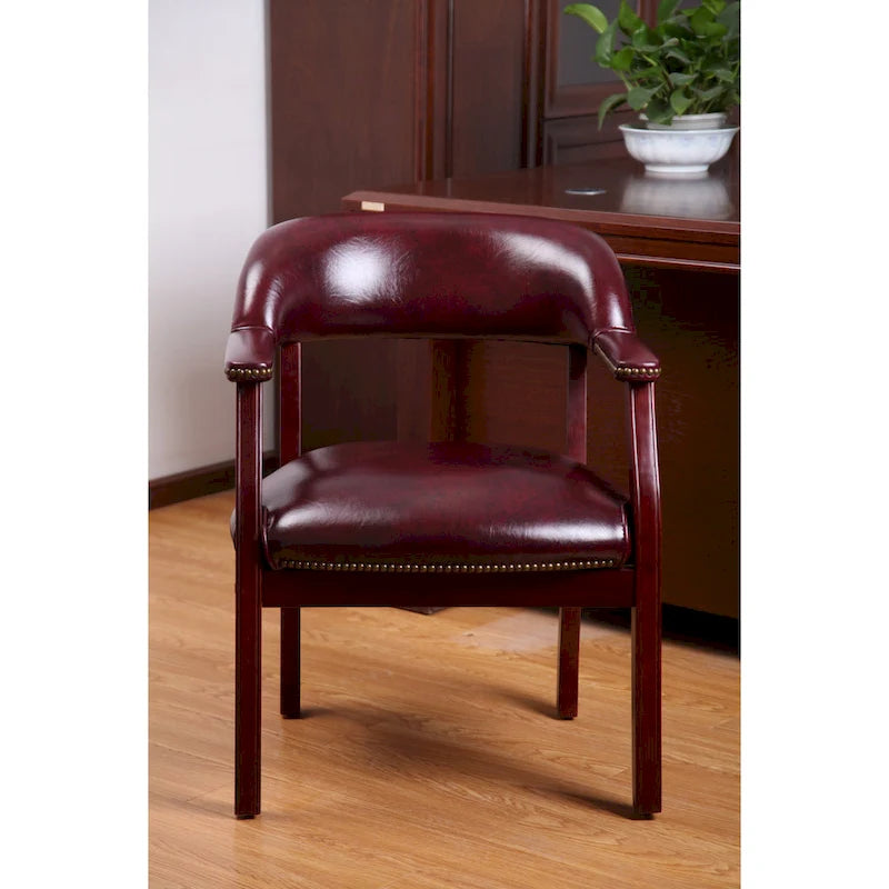 Fauteuil de conférence traditionnel en cuir, fauteuil rembourré bordeaux avec clous décoratifs