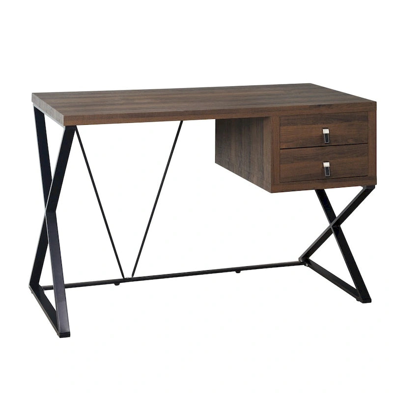 Escritorio industrial de madera, mesa para computadora de oficina en casa con cajones y estructura metálica en X