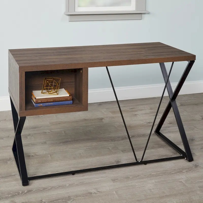 Escritorio industrial de madera, mesa para computadora de oficina en casa con cajones y estructura metálica en X