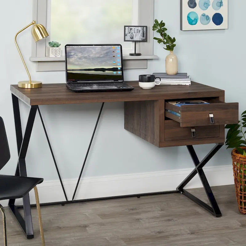 Escritorio industrial de madera, mesa para computadora de oficina en casa con cajones y estructura metálica en X