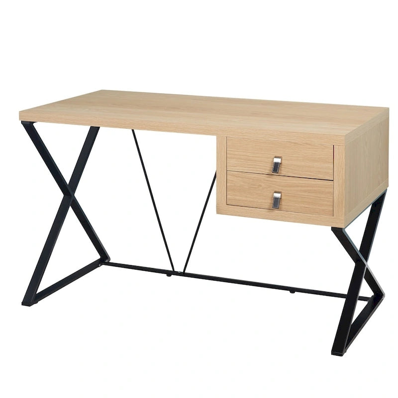 Escritorio industrial de madera, mesa para computadora de oficina en casa con cajones y estructura metálica en X