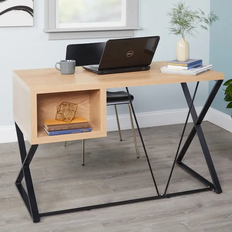 Escritorio industrial de madera, mesa para computadora de oficina en casa con cajones y estructura metálica en X