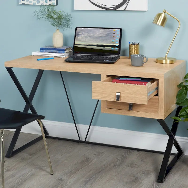 Escritorio industrial de madera, mesa para computadora de oficina en casa con cajones y estructura metálica en X