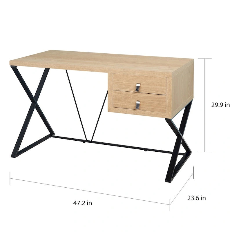 Escritorio industrial de madera, mesa para computadora de oficina en casa con cajones y estructura metálica en X