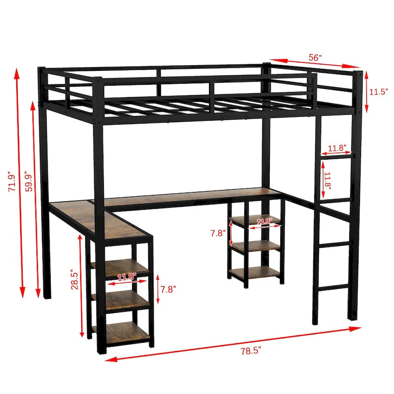 Lit mezzanine entièrement en métal avec bureau et étagères, échelle et barrières de sécurité, cadre de lit mezzanine pour chambre, noir