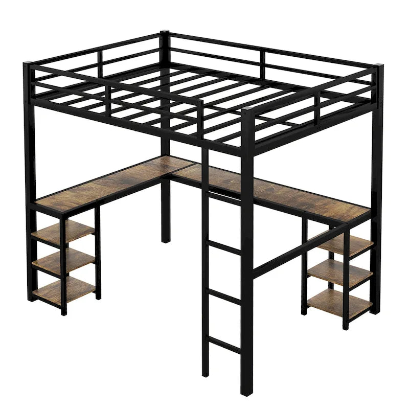 Cama alta completamente metálica con escritorio y estantes, cama alta con escalera y barandillas, estructura de cama alta para dormitorio, negra