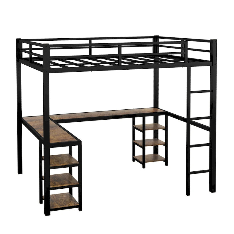Cama alta completamente metálica con escritorio y estantes, cama alta con escalera y barandillas, estructura de cama alta para dormitorio, negra