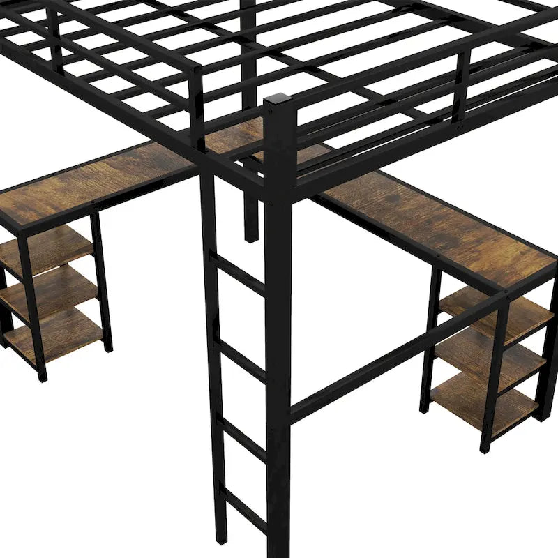 Cama alta completamente metálica con escritorio y estantes, cama alta con escalera y barandillas, estructura de cama alta para dormitorio, negra