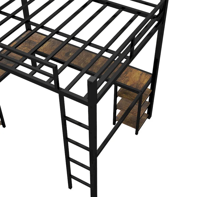 Cama alta completamente metálica con escritorio y estantes, cama alta con escalera y barandillas, estructura de cama alta para dormitorio, negra
