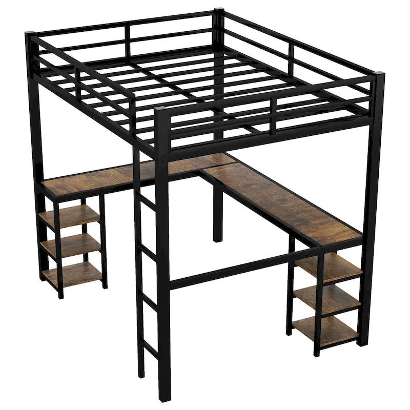 Cama alta completamente metálica con escritorio y estantes, cama alta con escalera y barandillas, estructura de cama alta para dormitorio, negra