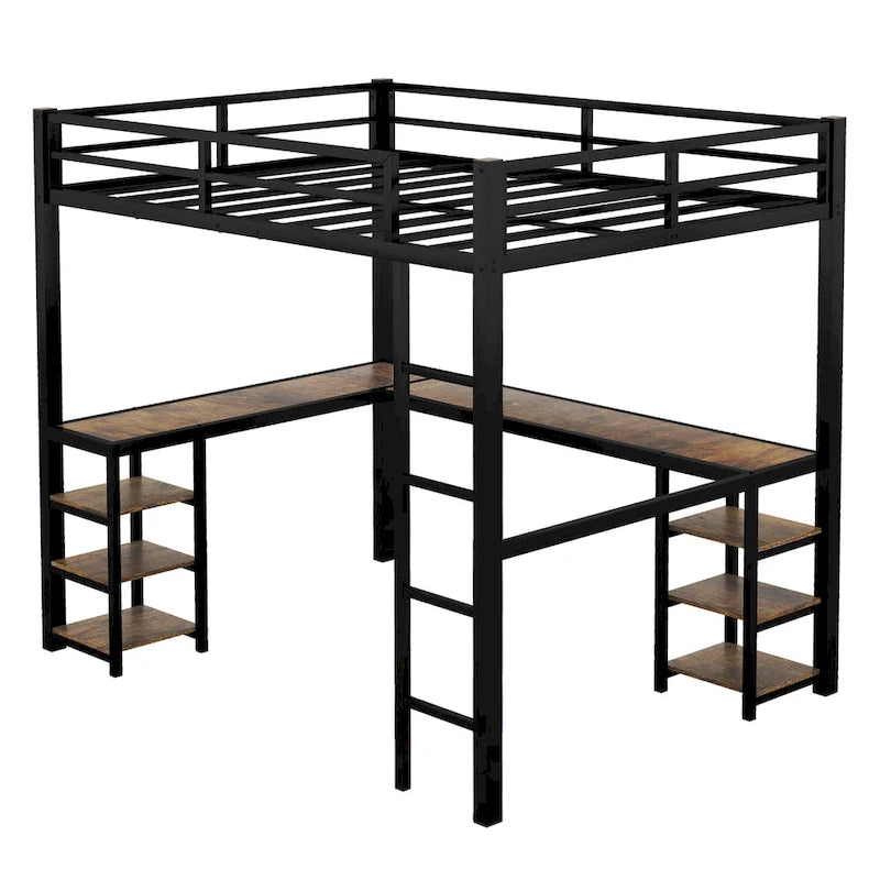 Cama alta completamente metálica con escritorio y estantes, cama alta con escalera y barandillas, estructura de cama alta para dormitorio, negra