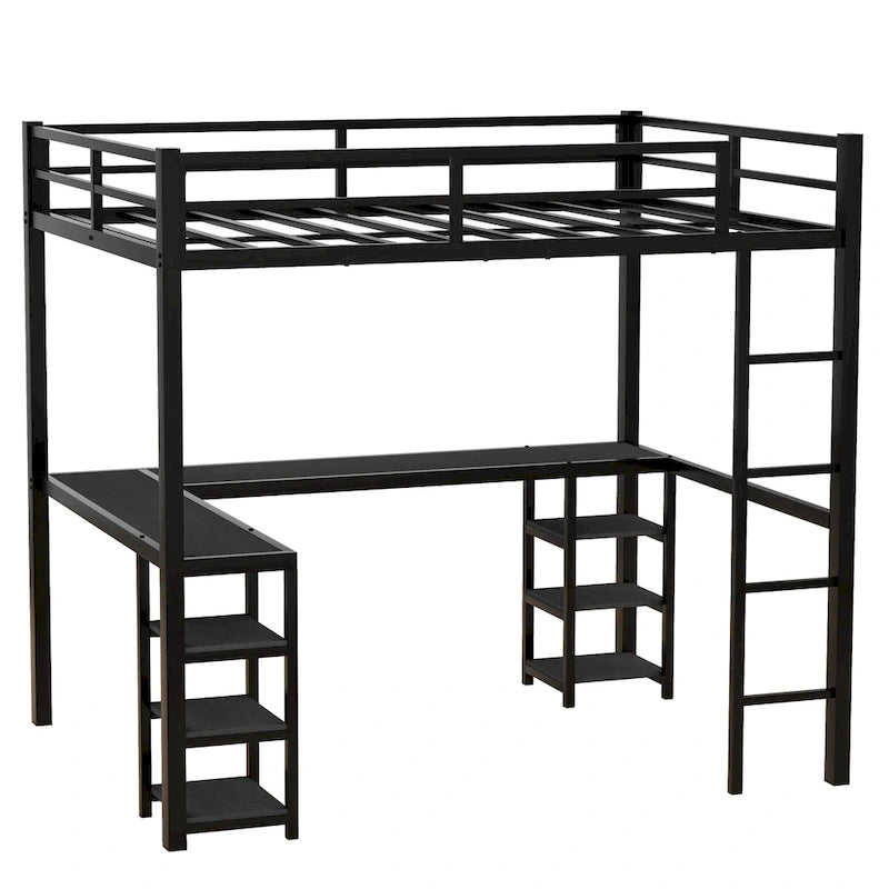 Cama alta completamente metálica con escritorio y estantes, cama alta con escalera y barandillas, estructura de cama alta para dormitorio, negra
