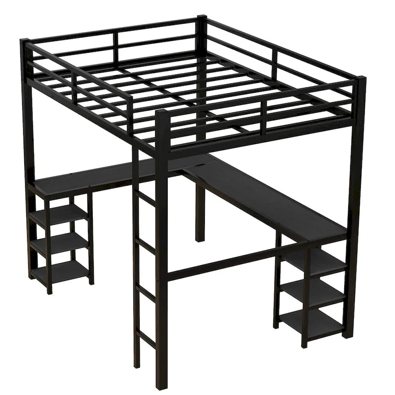 Cama alta completamente metálica con escritorio y estantes, cama alta con escalera y barandillas, estructura de cama alta para dormitorio, negra