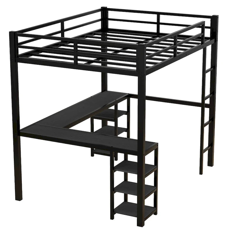 Cama alta completamente metálica con escritorio y estantes, cama alta con escalera y barandillas, estructura de cama alta para dormitorio, negra