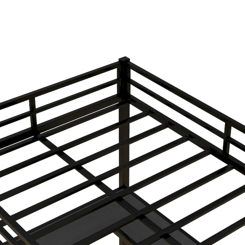 Cama alta completamente metálica con escritorio y estantes, cama alta con escalera y barandillas, estructura de cama alta para dormitorio, negra