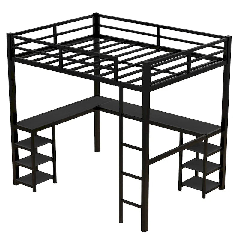 Cama alta completamente metálica con escritorio y estantes, cama alta con escalera y barandillas, estructura de cama alta para dormitorio, negra