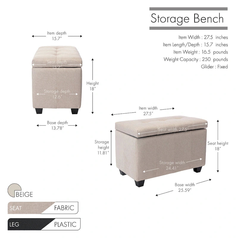 Banc de rangement en tissu avec couvercle rabattable