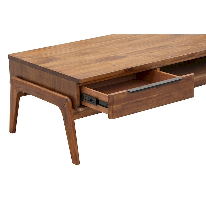 Mesa de centro de madera de estilo moderno de mediados de siglo, rectangular, con cajón y estante abierto