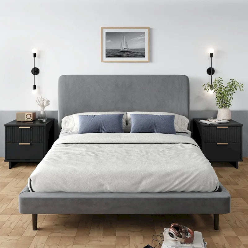 Juego de 2 mesas de noche de madera maciza de estilo moderno de mediados de siglo, modelo Comfort Granville, con 2 cajones