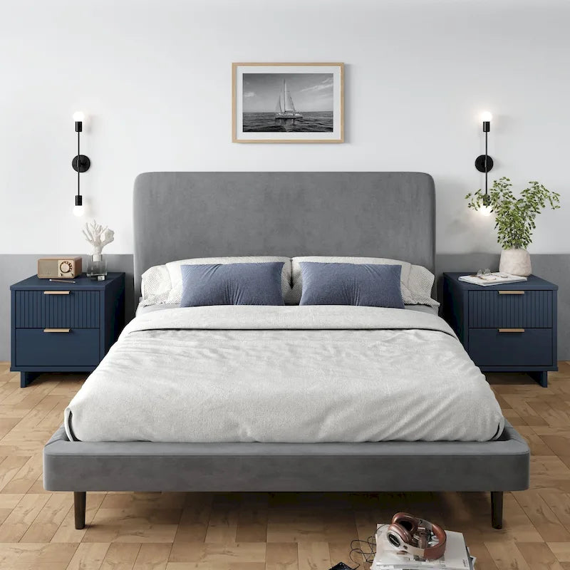 Juego de 2 mesas de noche de madera maciza de estilo moderno de mediados de siglo, modelo Comfort Granville, con 2 cajones