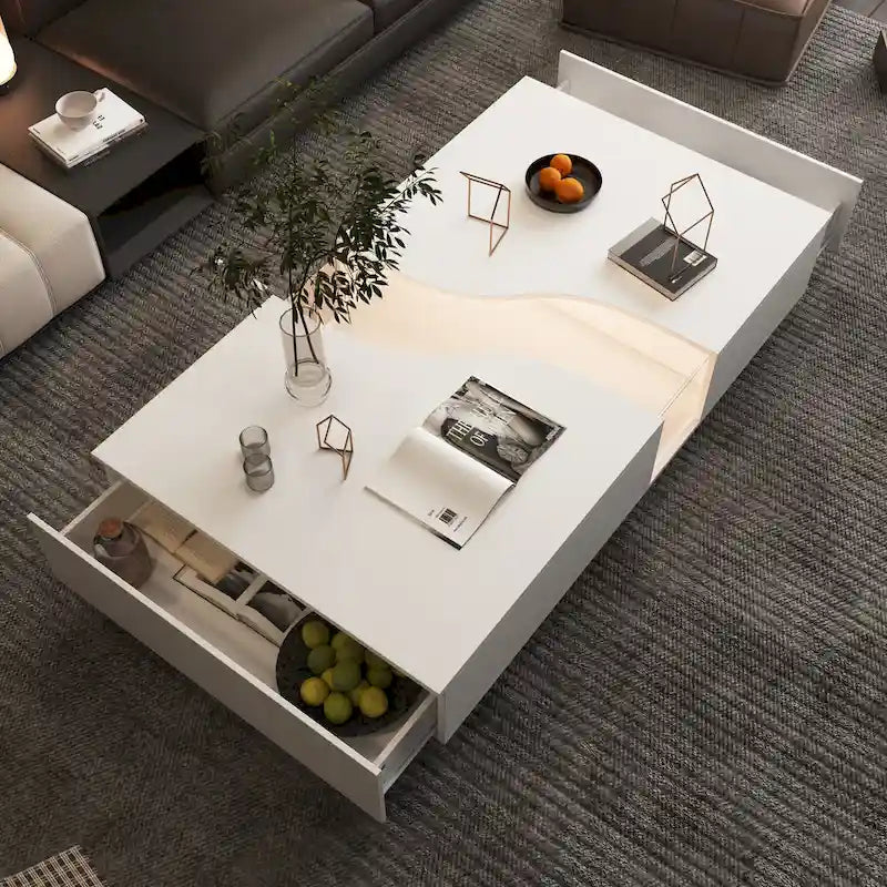 Table basse contemporaine blanche, chef-d’œuvre de rangement, bordure LED multicolore - 55.1W